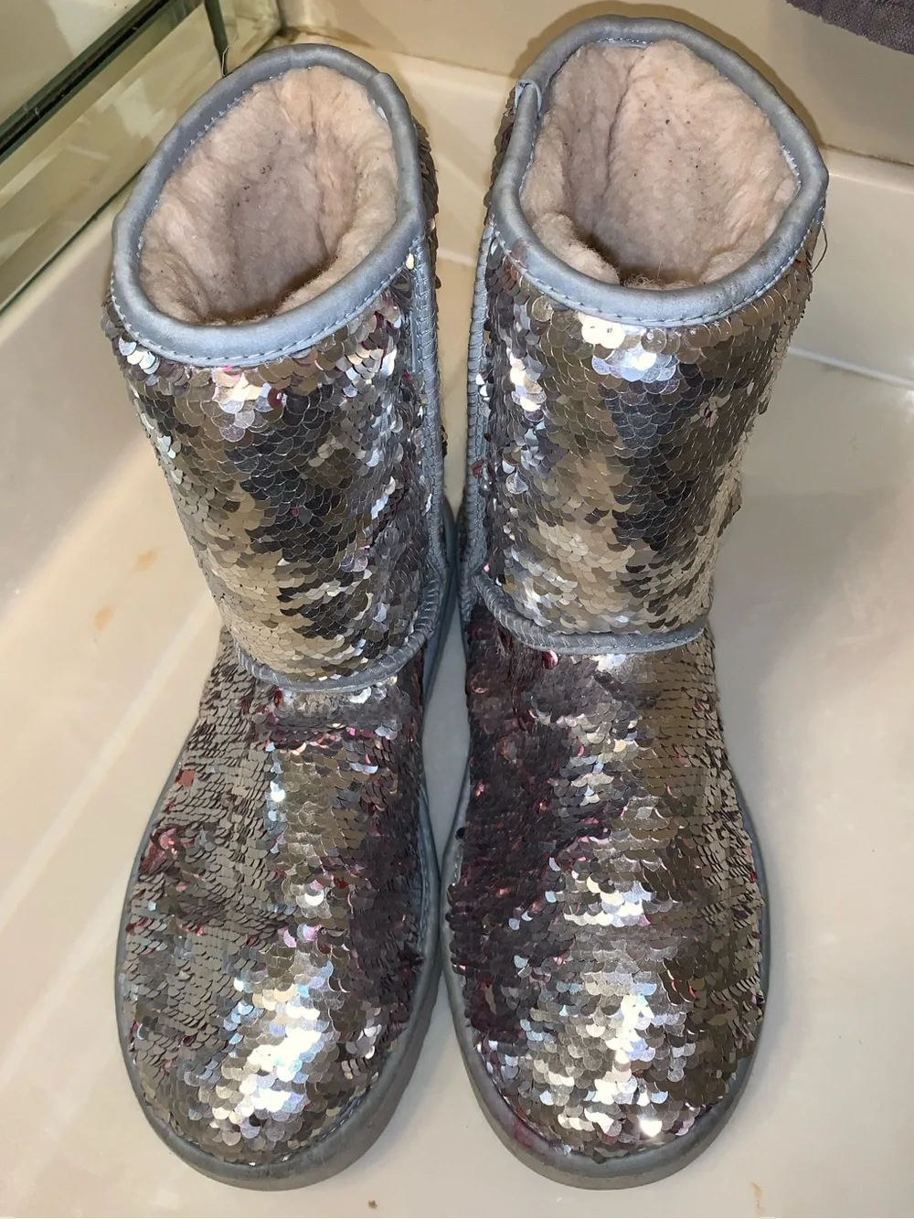 🍧Pink & Silver Cosmo Reversible sequined UGGs